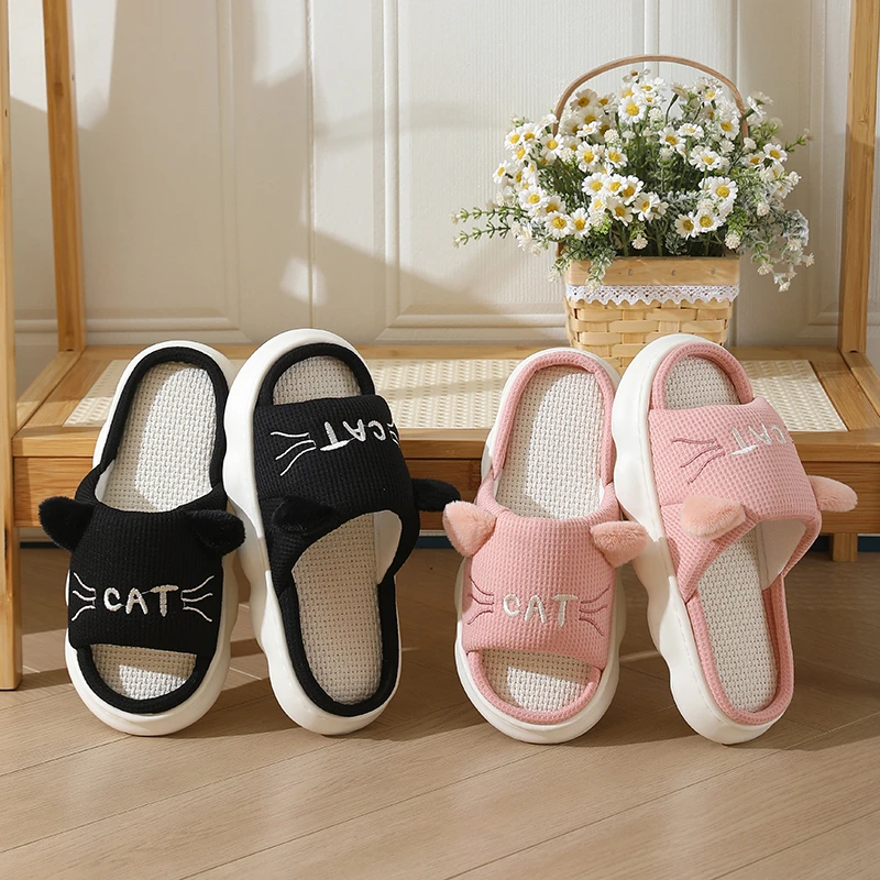四季居家2025通用室内空调夏季防滑厚底亚麻拖鞋男女猫咪可爱拖鞋