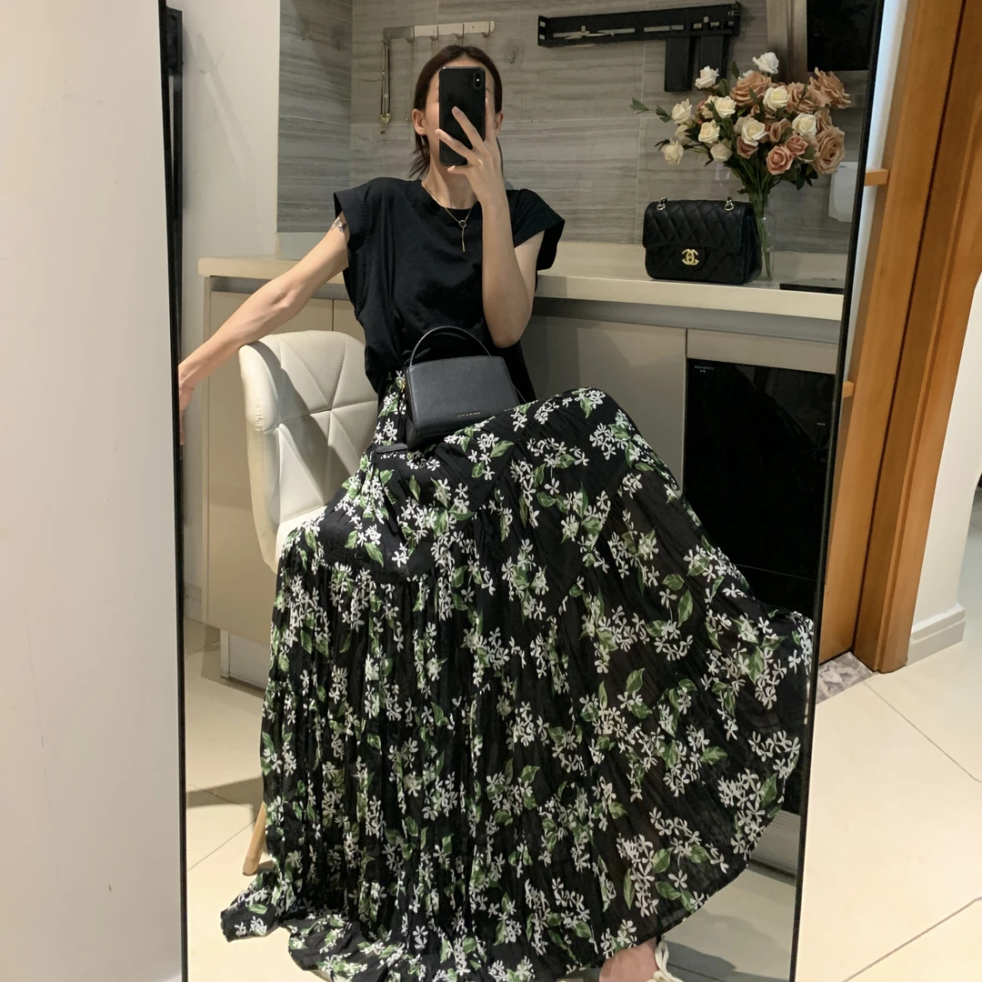 高级绿色碎花半身裙夏日新款高腰显瘦百搭垂感中长款碎花半身裙女