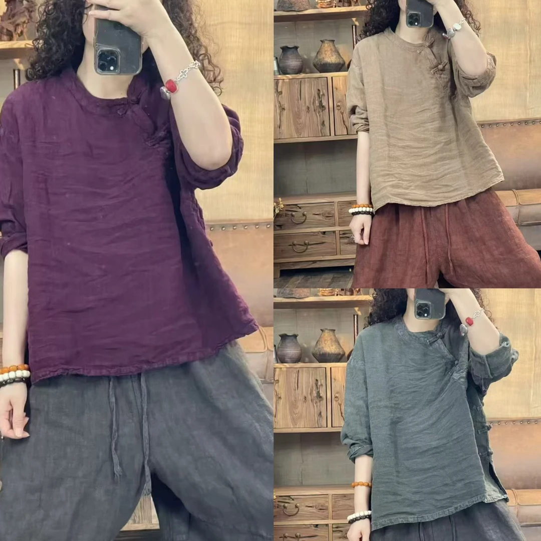 炒色做旧斜盘扣麻衫（衣长63胸围130）