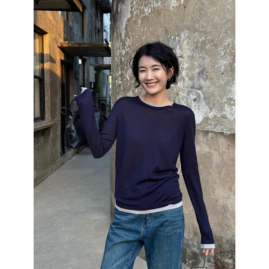 LANGQING 羊毛混纺圆领撞色打底针织衫46822#