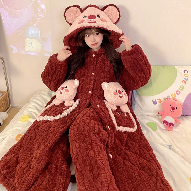 14周岁以上珊瑚绒三层夹棉睡衣女士秋冬加绒加厚连帽睡袍儿童兔子