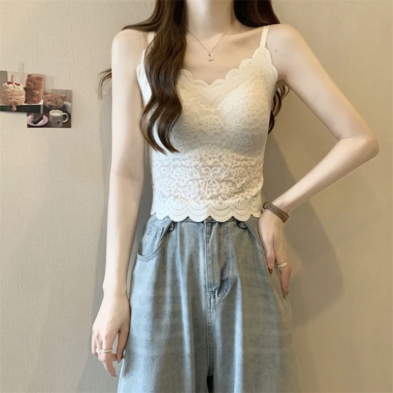 夏季蕾丝冰丝修身显瘦吊带女外穿内搭带胸垫一体式聚拢美背心薄款