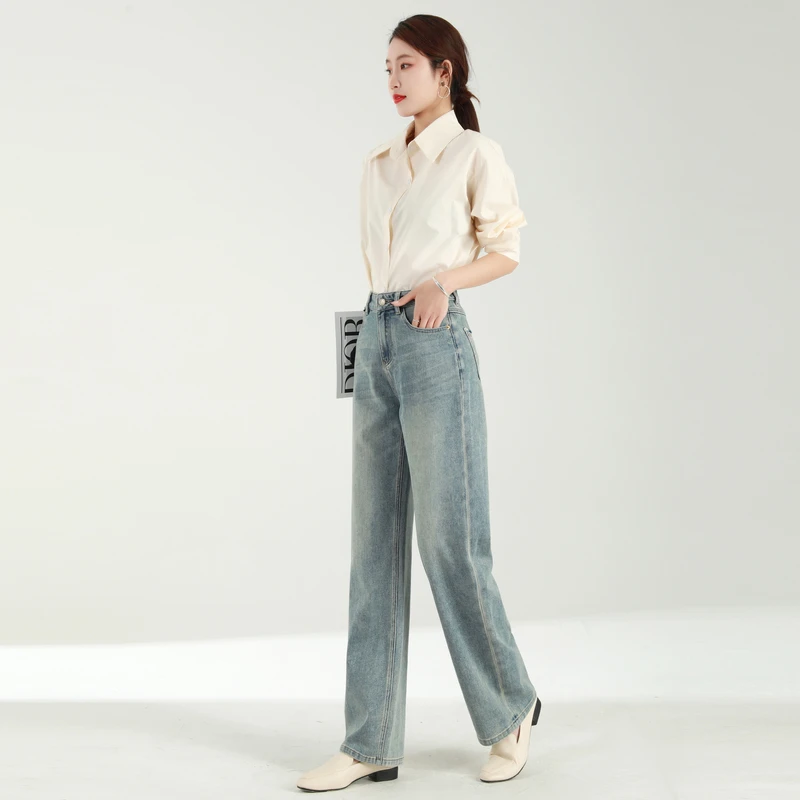 【慢慢喜欢你】秋季新款2025高定面料米白色哈伦裤软牛仔女直筒9525