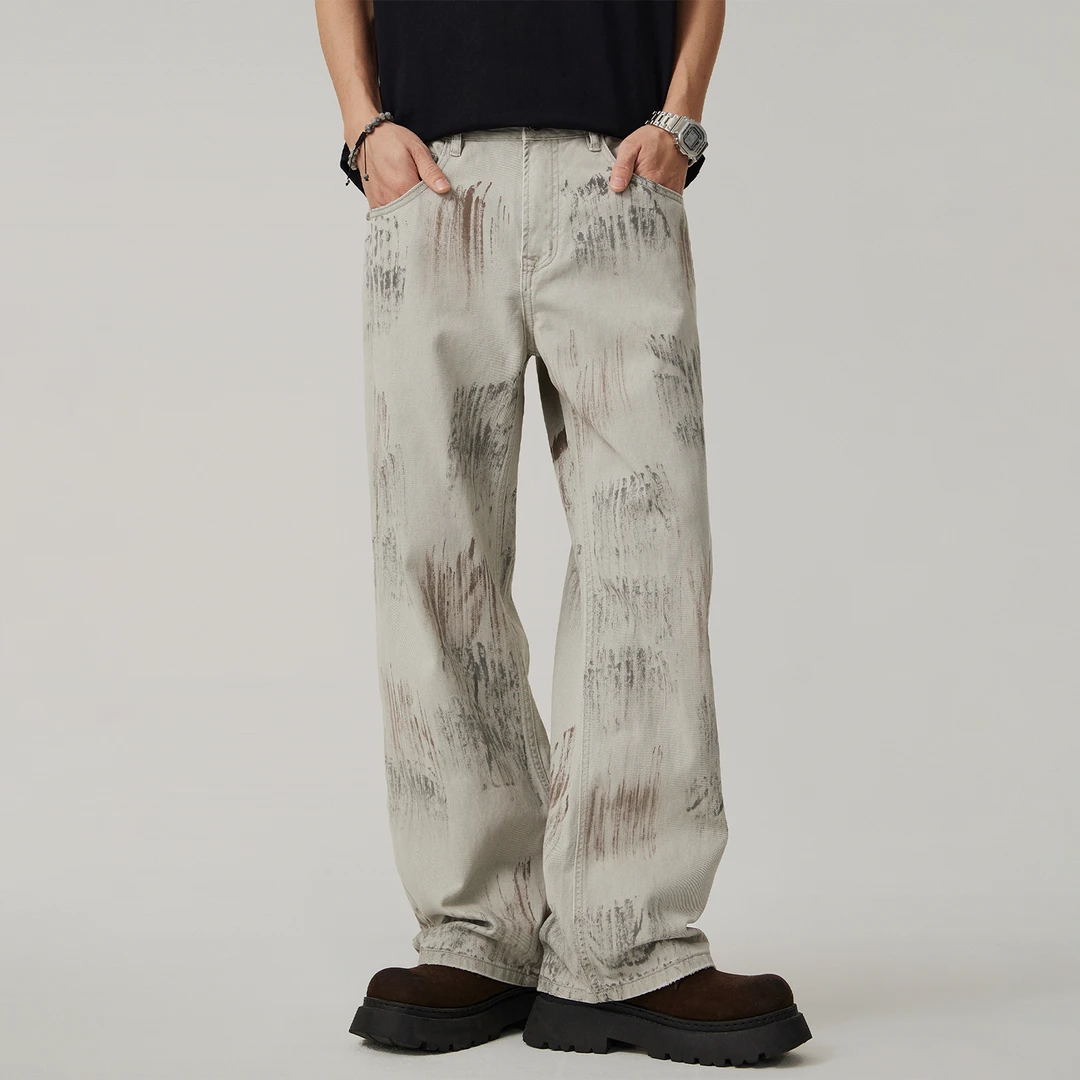 美式涂鸦脏脏牛仔裤男士全棉高街潮牌痞帅cleanfit宽松直筒阔腿裤