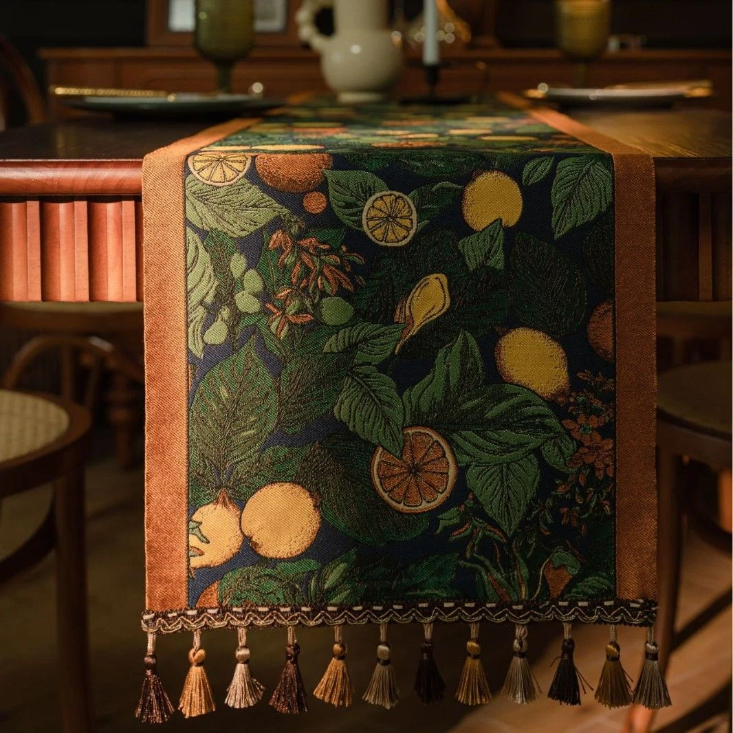 美式长条流苏桌旗柠檬绿色提花茶旗电视柜餐桌婚礼装饰