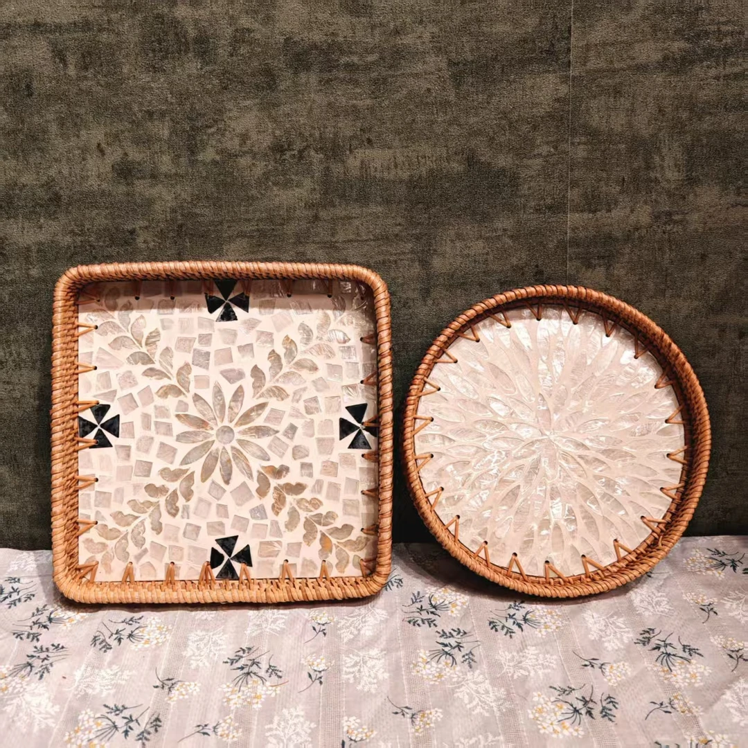 H越南真藤24*24*4+21*3方圆之间搭配贝壳盘桌面饰品化妆品水杯盘