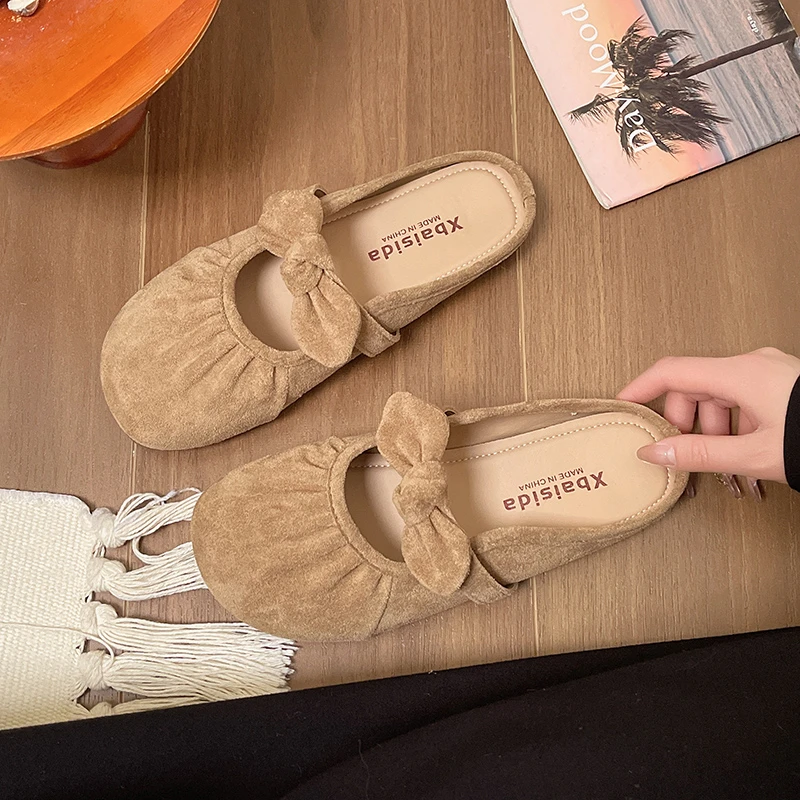 懒人软底勃肯半拖鞋女2025年新款早春一脚蹬绒面圆头休闲包头半托
