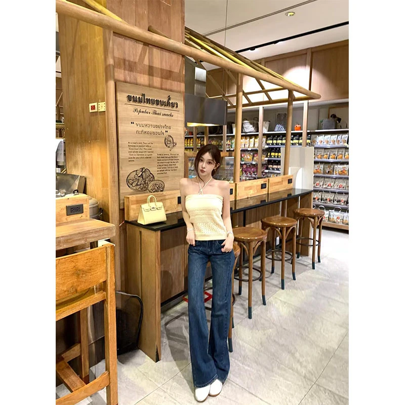 韩系穿搭系带交叉性感无袖吊带背心复古深蓝色牛仔裤女装时尚套装