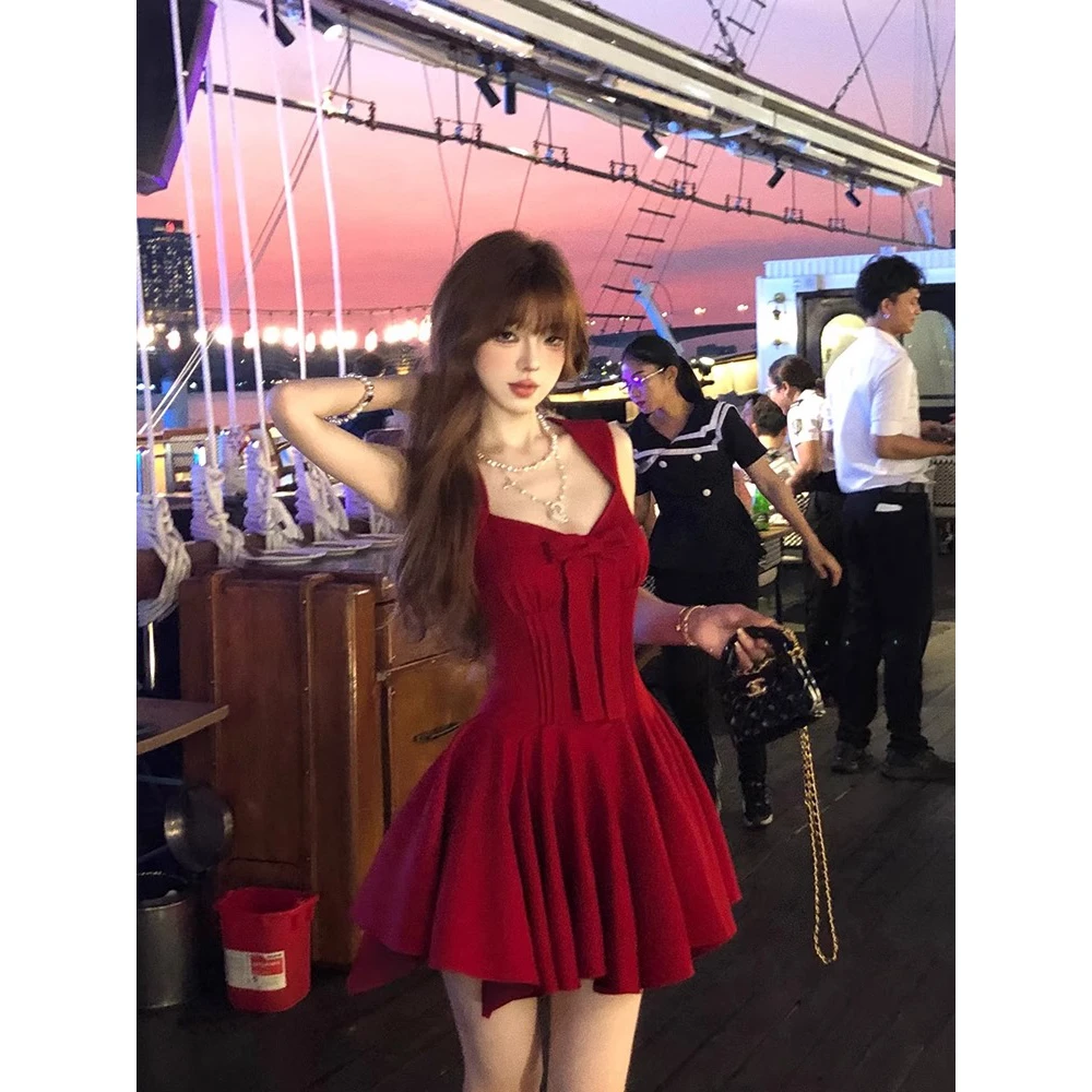 LazyDidi玫瑰四米裙摆公主裙蝴蝶结千金感无袖收腰短款连衣裙裙子