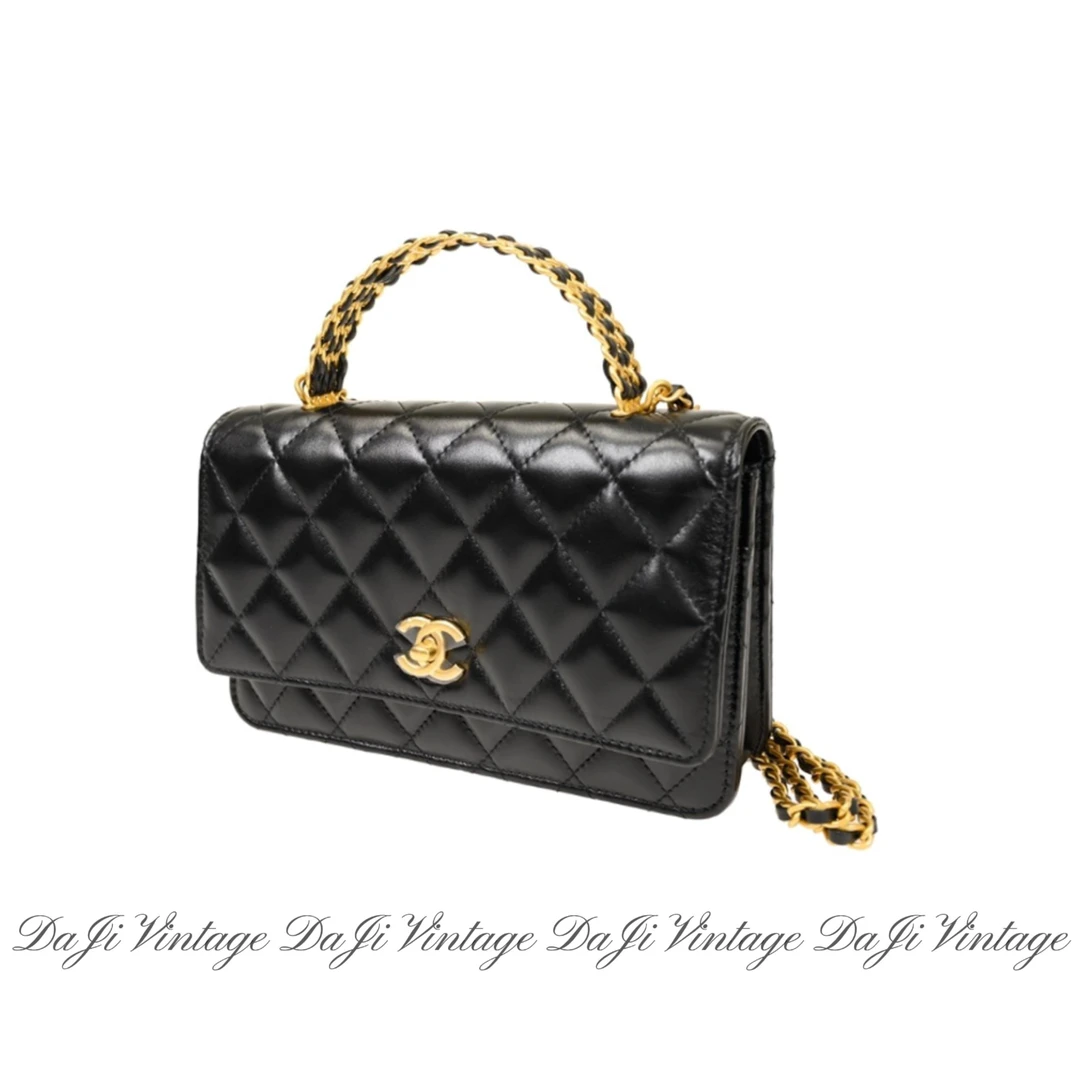 95新 Chanel/香奈儿 大吉中古3/香奈儿手柄logo黑金woc斜挎包