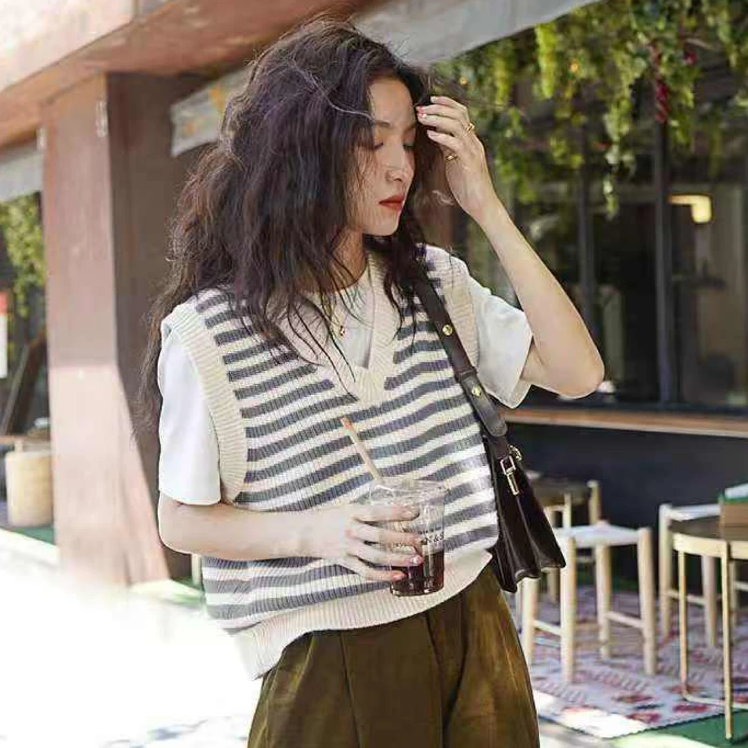 秋季V领女斜襟条纹短款薄款马夹气质女装套装时尚