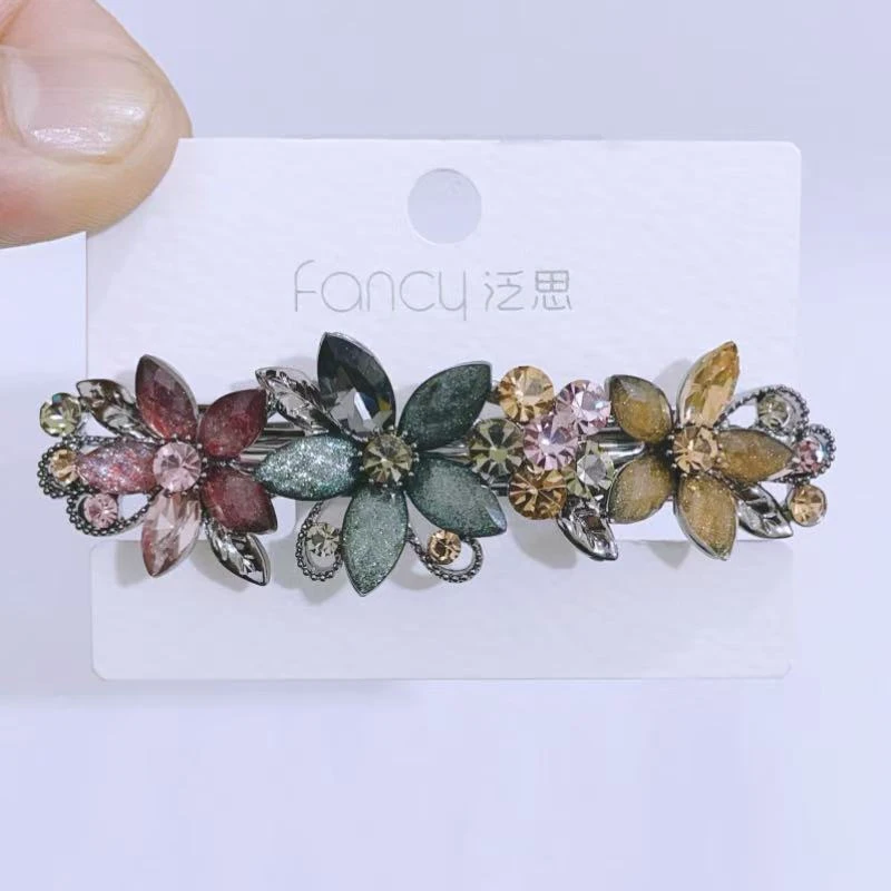 奥钻花朵夹子头饰高级感后脑勺半扎发夹妈妈气质发卡一字夹弹簧夹