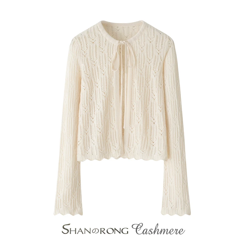 镂空绞花毛针织开衫女100%纯山羊绒短款蕾丝外搭优雅系带开衫上衣