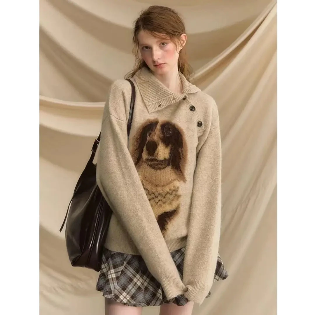 早安小腊肠套头毛衣女秋冬小狗复古宽松慵懒风外穿针织衫毛衣