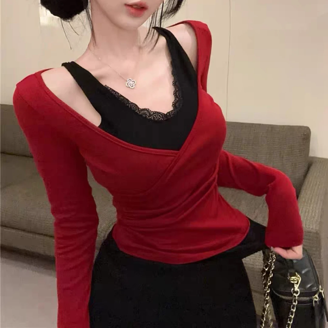 蕾丝假两件纯欲风长袖V领短款打底衫女秋冬内搭上衣3227