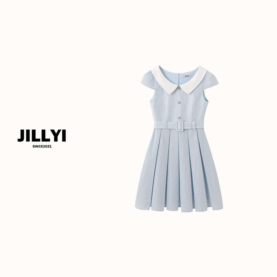 JILLYI珠海店【夏日手记】夏季天蓝色锆石纽扣腰带收腰显瘦无袖连衣