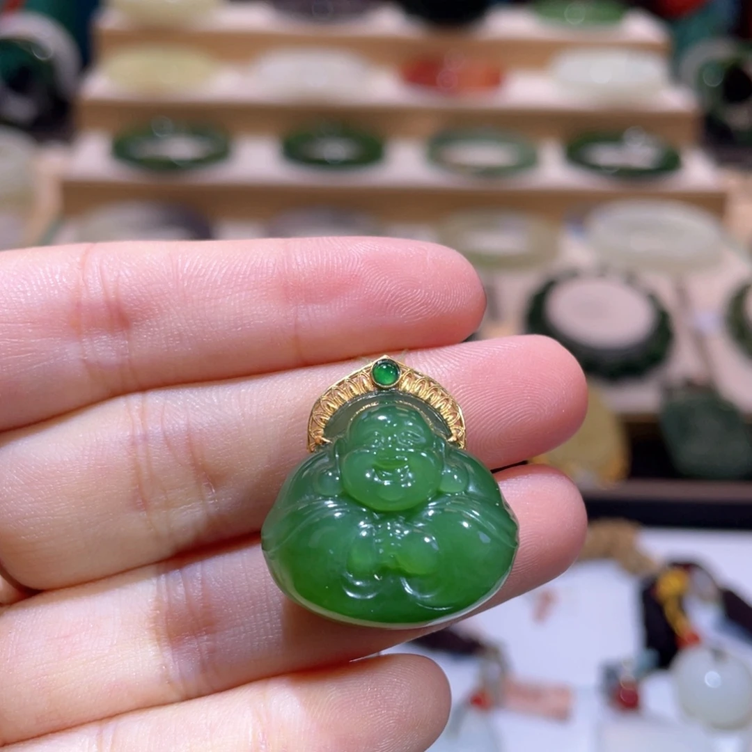 颈饰18K金镶嵌和田玉高品碧玉佛公