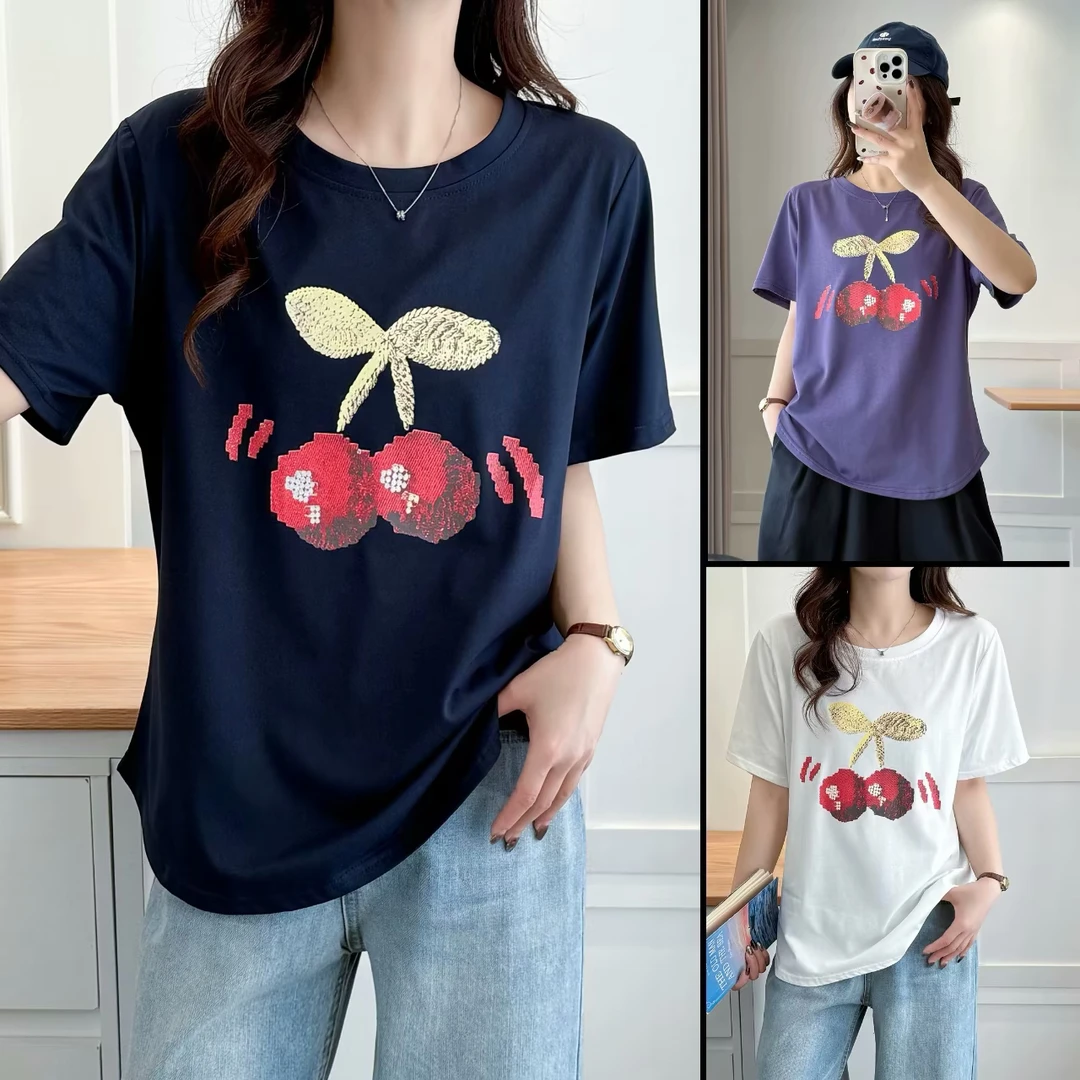 韩版时尚休闲大码女装百搭夏季宽松半袖圆领印花显瘦棉t恤打底衫