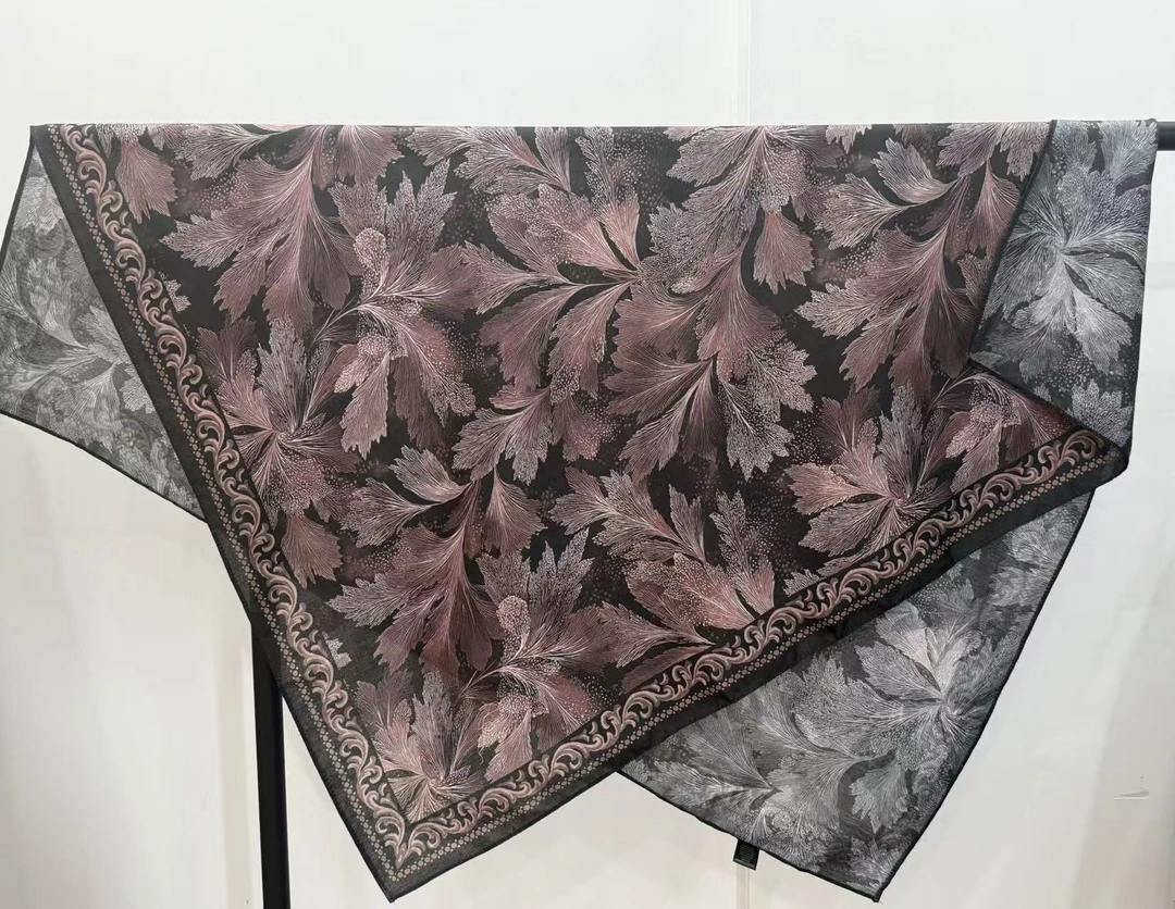 P12【暮粉花叶】时尚丝毛双面异色85*85百搭舒适丝巾