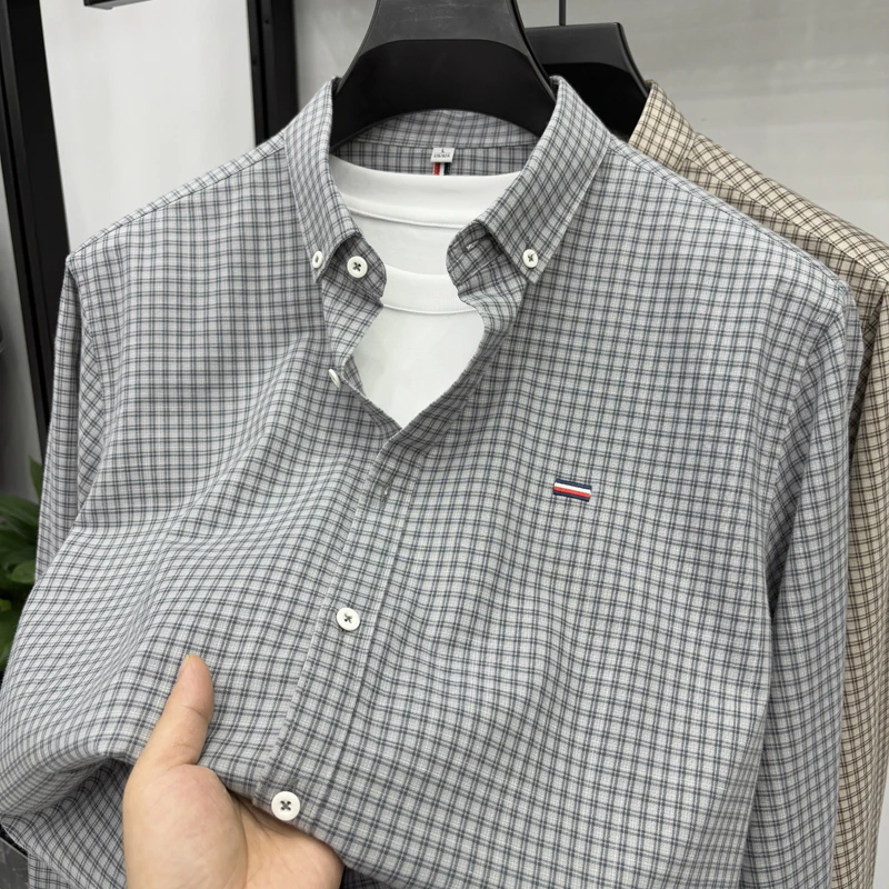 John Bunni100%纯棉刺绣格子长袖衬衫男士商务休闲衬衣外搭寸衫潮