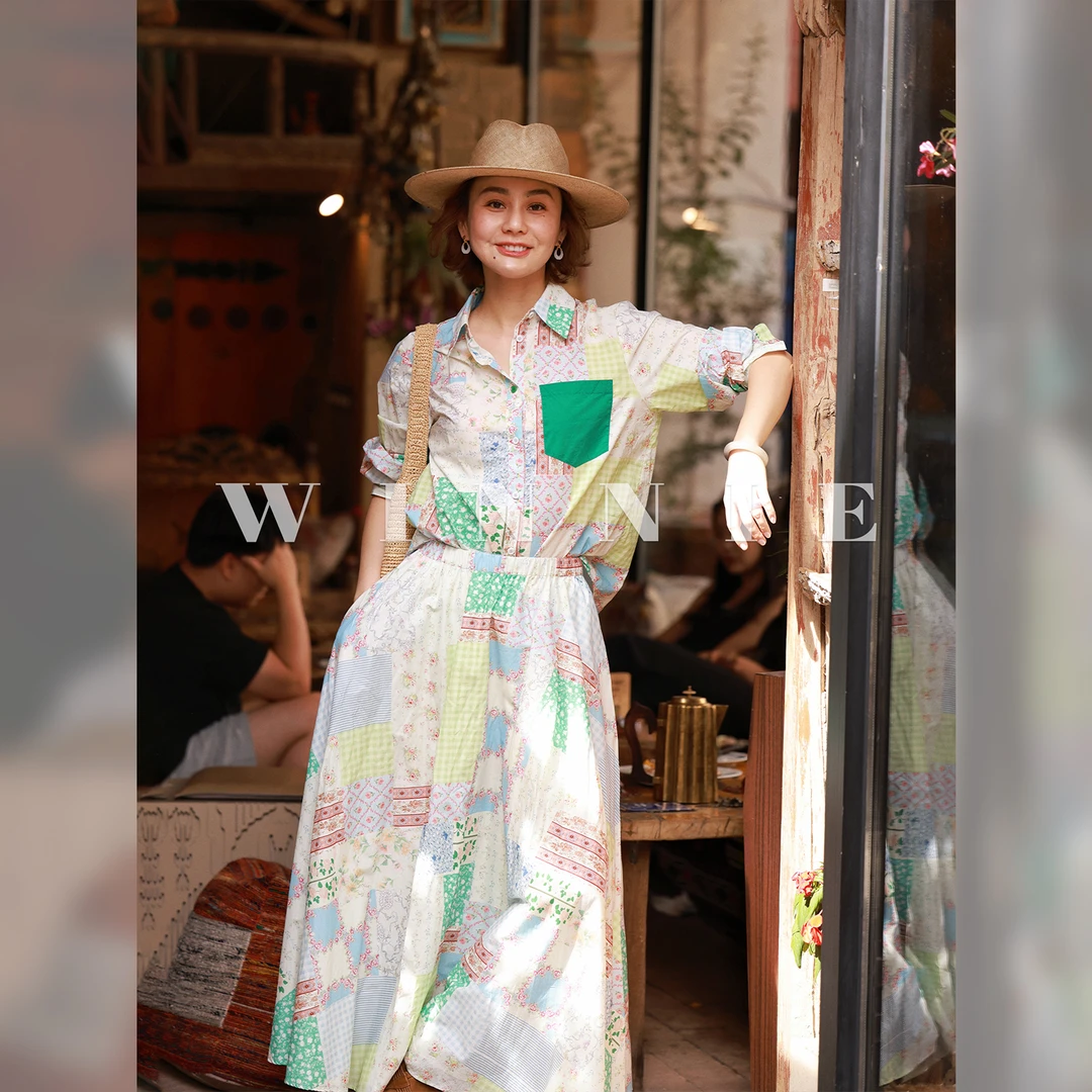 WinnieTang空气感高密双面精梳棉碎花拼布衬衫丝棉内里伞裙半裙