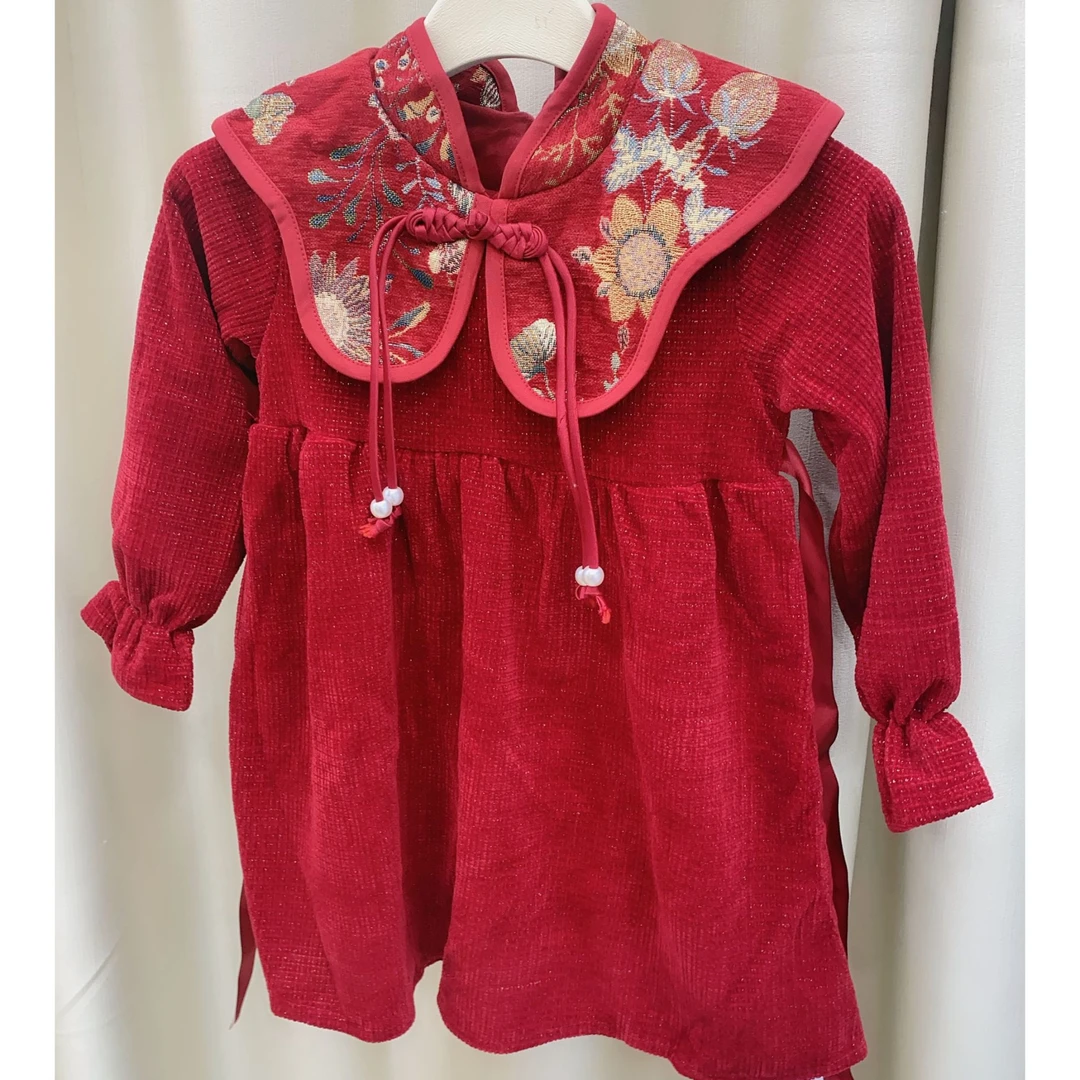 2025年款中国风连衣裙中国红款加绒拜年服女童