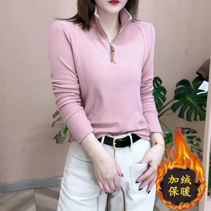 宽松型280g螺纹德绒立领德绒打底衫女秋冬紧身拉链加绒内搭上衣长