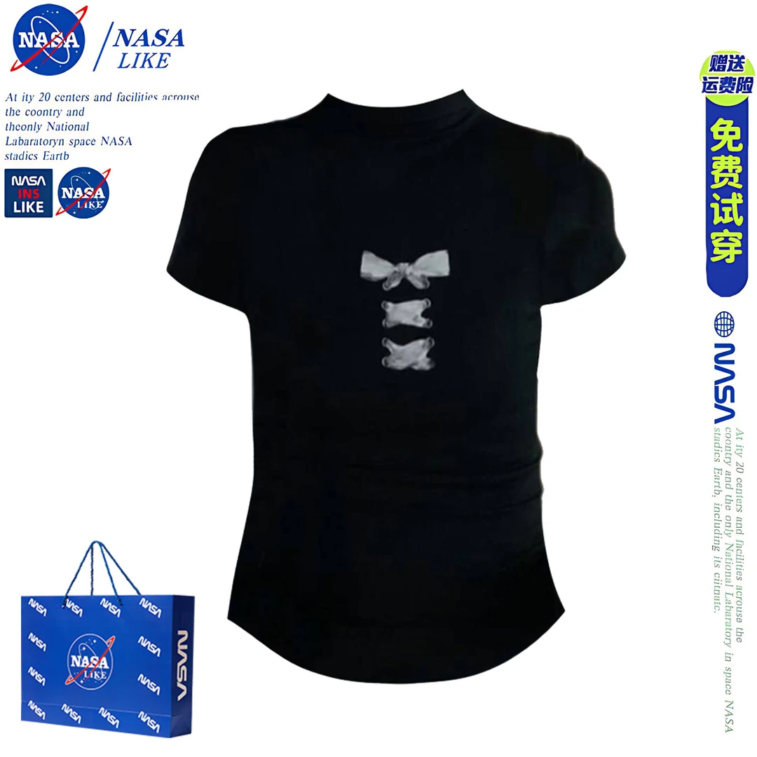 NASA黑色半高领短袖T恤女夏季设计感蝴蝶结印花修身显瘦上衣潮ins