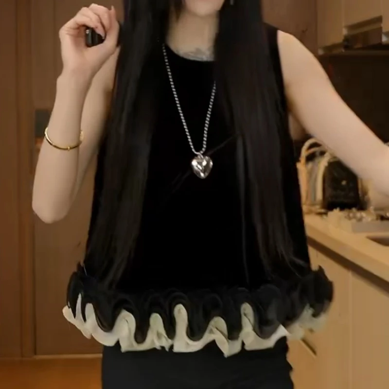 【半墨姿夏】下摆重工花瓣圆领无袖背心上衣LK2504798