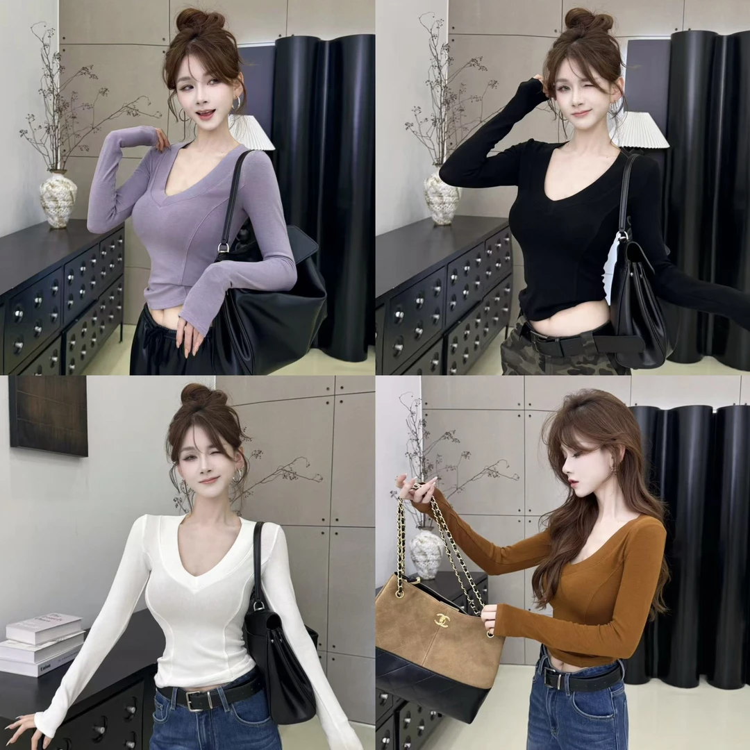 【高智感纸片人】长袖T恤女肌理感修身显腰身桃心领正肩上衣打底衫