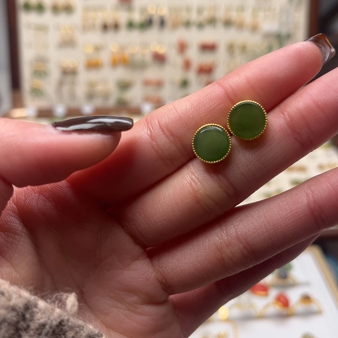 和田玉银S925镀金镶嵌耳坠