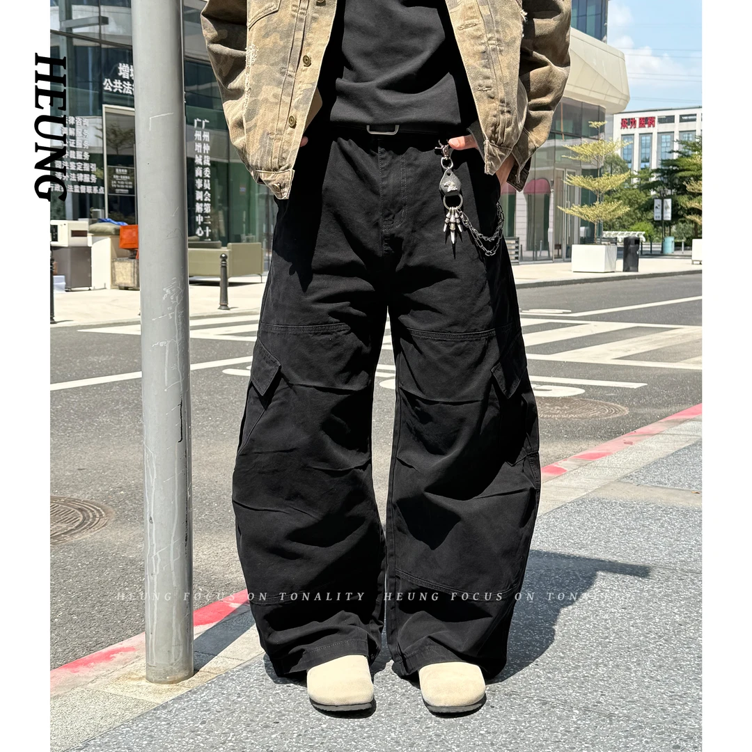 HEUNG 秋季新款美式复古水洗弯刀工装裤黑色嘻哈阔腿牛仔裤男女款