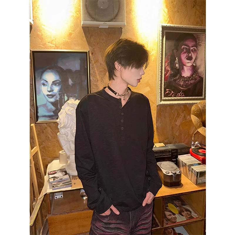 黑色cleanfit亨利领长袖T恤男早秋季内搭打底衫美式潮牌重磅上衣