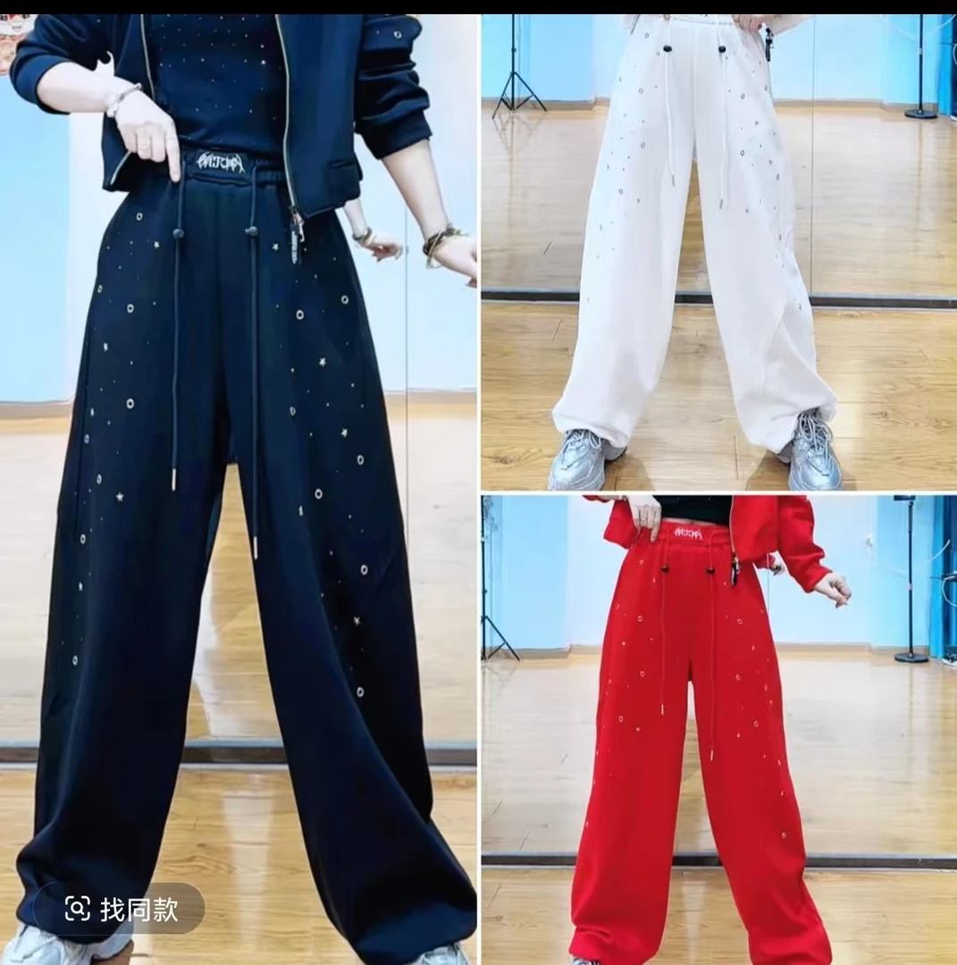 CX1219款秋冬新品烫钻时尚潮流弯刀裤高腰洋气阔腿裤直筒