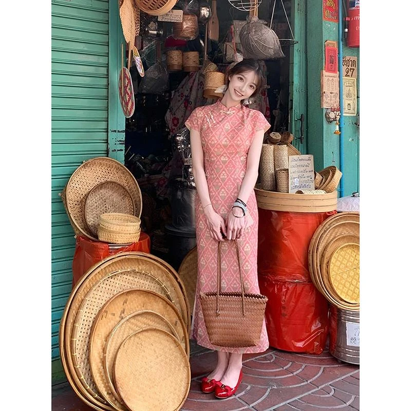 【花间月】新中式粉红印花改良旗袍女春夏盘扣显瘦连衣裙日常可穿