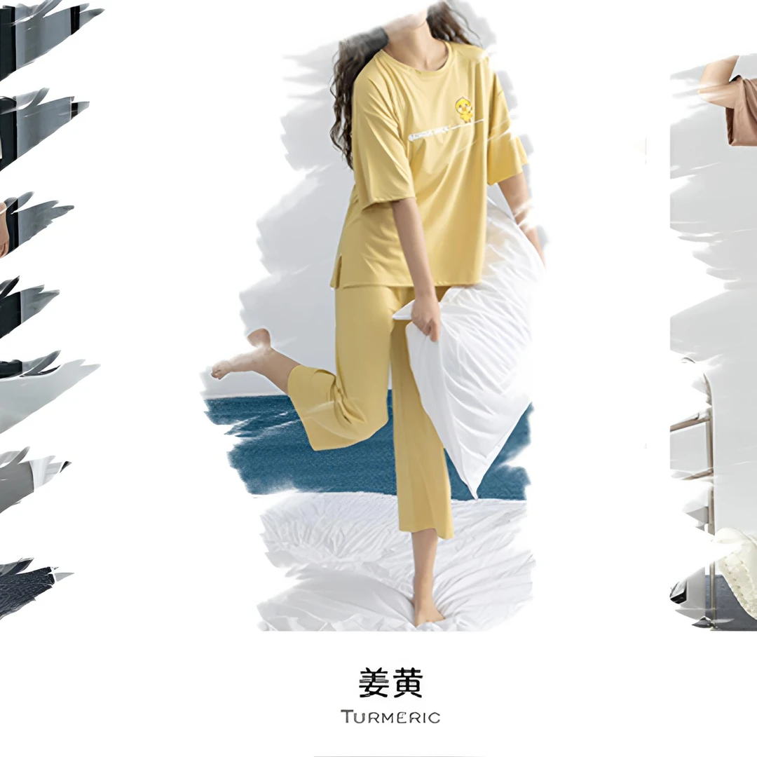 2312 睡衣女韩版可爱卡通印花纯色薄款宽松短袖休闲家居服