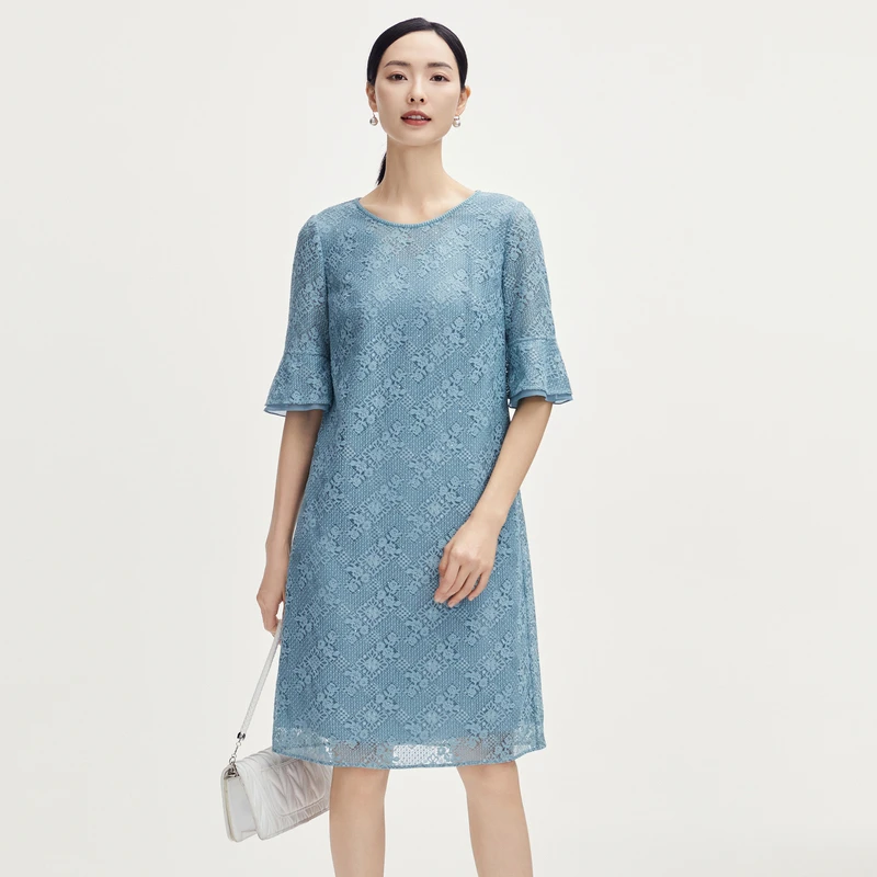 娜尔思时尚简约透气蕾丝A字连衣裙中长款女2025夏季NF09059L1