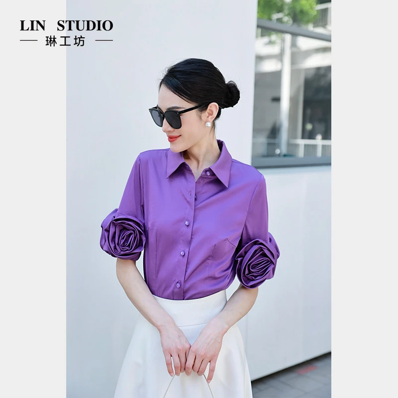 【棉】琳工坊“雾杳”紫色衬衫手工花气质优雅浪漫高档时尚唐琳设计师
