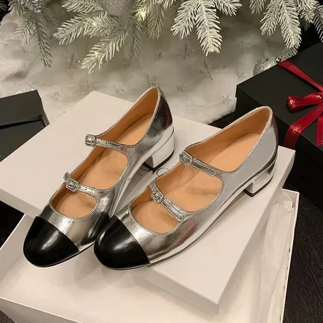 法式玛丽珍鞋女粗跟百搭浅口拼色小香风单鞋潮一字扣带复古中跟