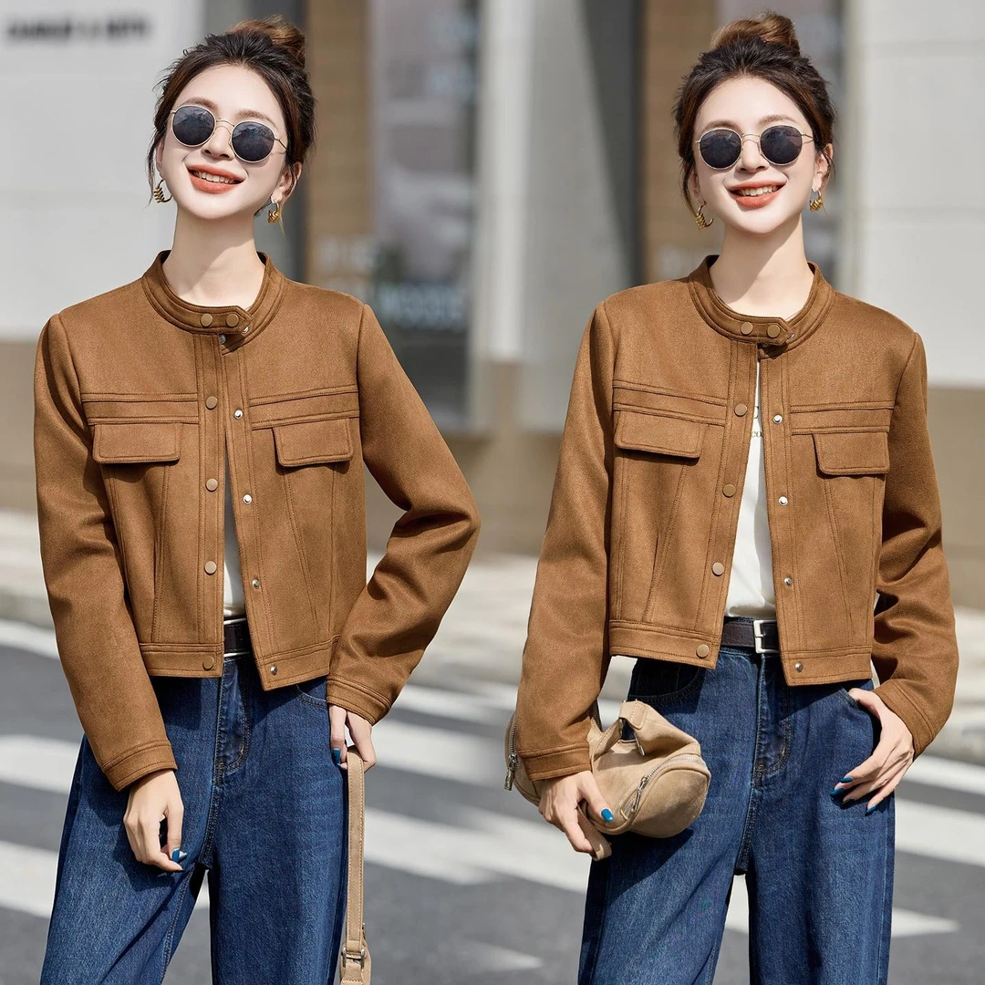 小立领麂皮绒外套女2025秋新款气质干练短款美拉德机车休闲夹克