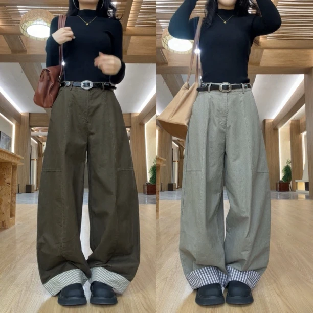 66691裁片结构撞色裤脚休闲裤2025年秋冬新款宽松直筒日系长裤女