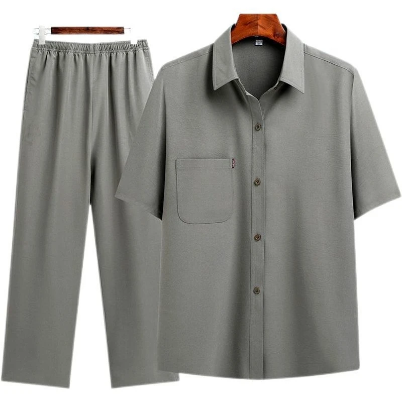 男士衬衣中老年唐装男短袖衬衫老年人爷爷衣服春夏季爸爸宽松套装