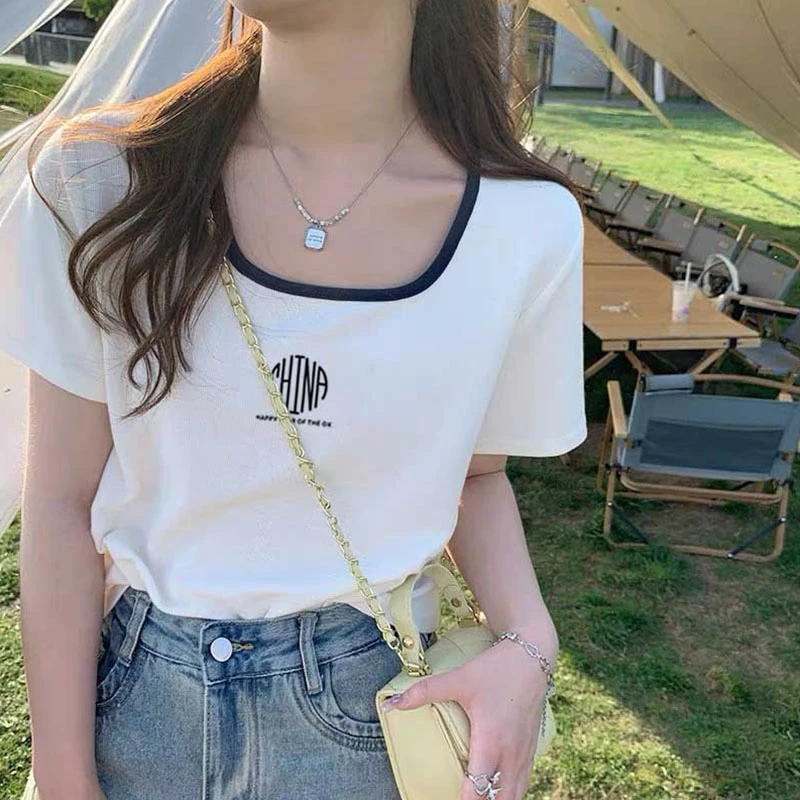 白色方领正肩短袖t恤女2025新款设计感小众撞色时尚洋气上衣夏季