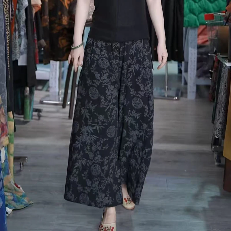 （断码清货）黑色国风裙裤女2025夏季新款冰丝休闲裤宽松垂感裤子