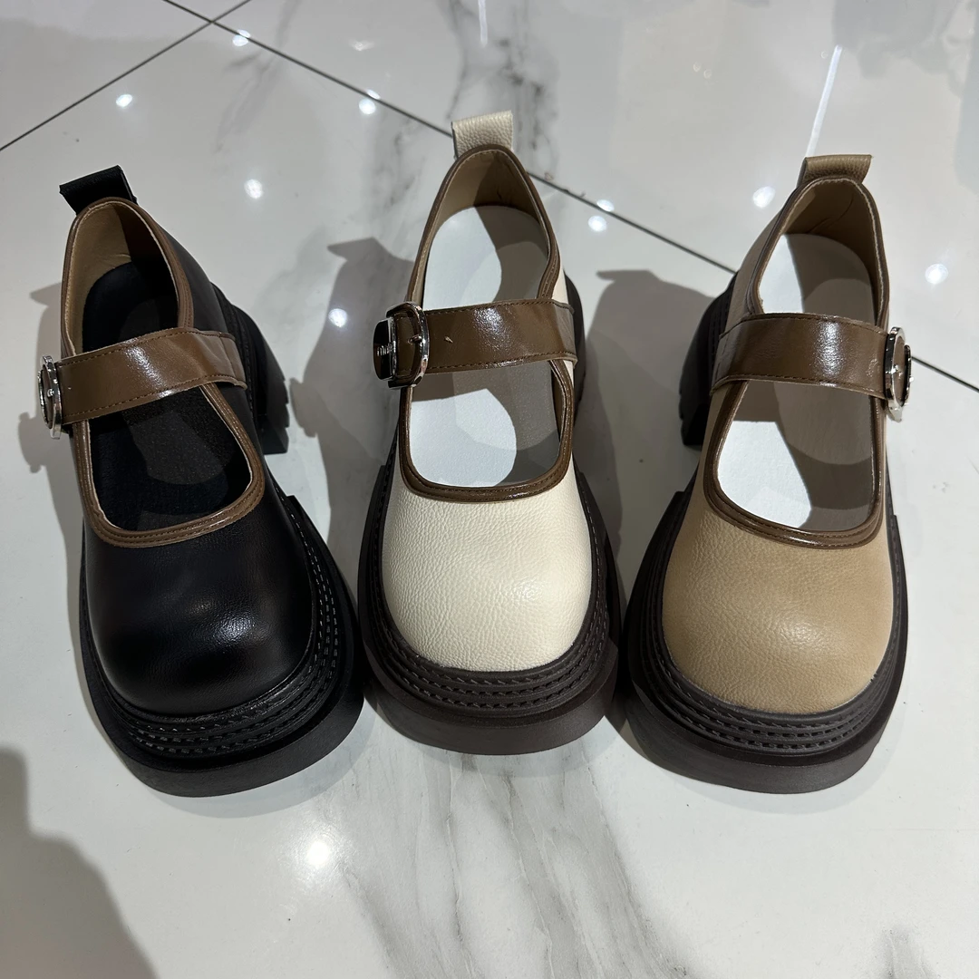 8066-1单鞋女鞋2025新款漆皮方圆头厚底粗跟一字口低帮鞋玛丽珍鞋