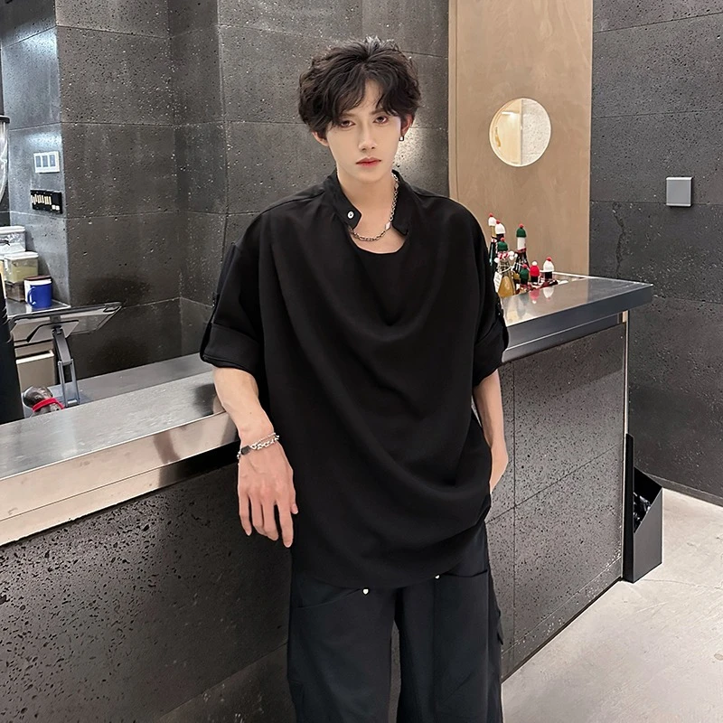 夏季高级感痞帅立领T恤男短袖潮流可收袖设计感五分半袖t恤发型师
