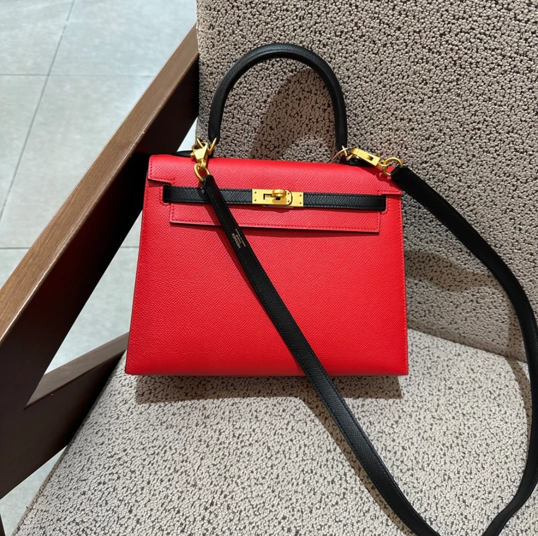 99新 Hermes/爱马仕 Kelly25 红拼黑斜挎包 US581414