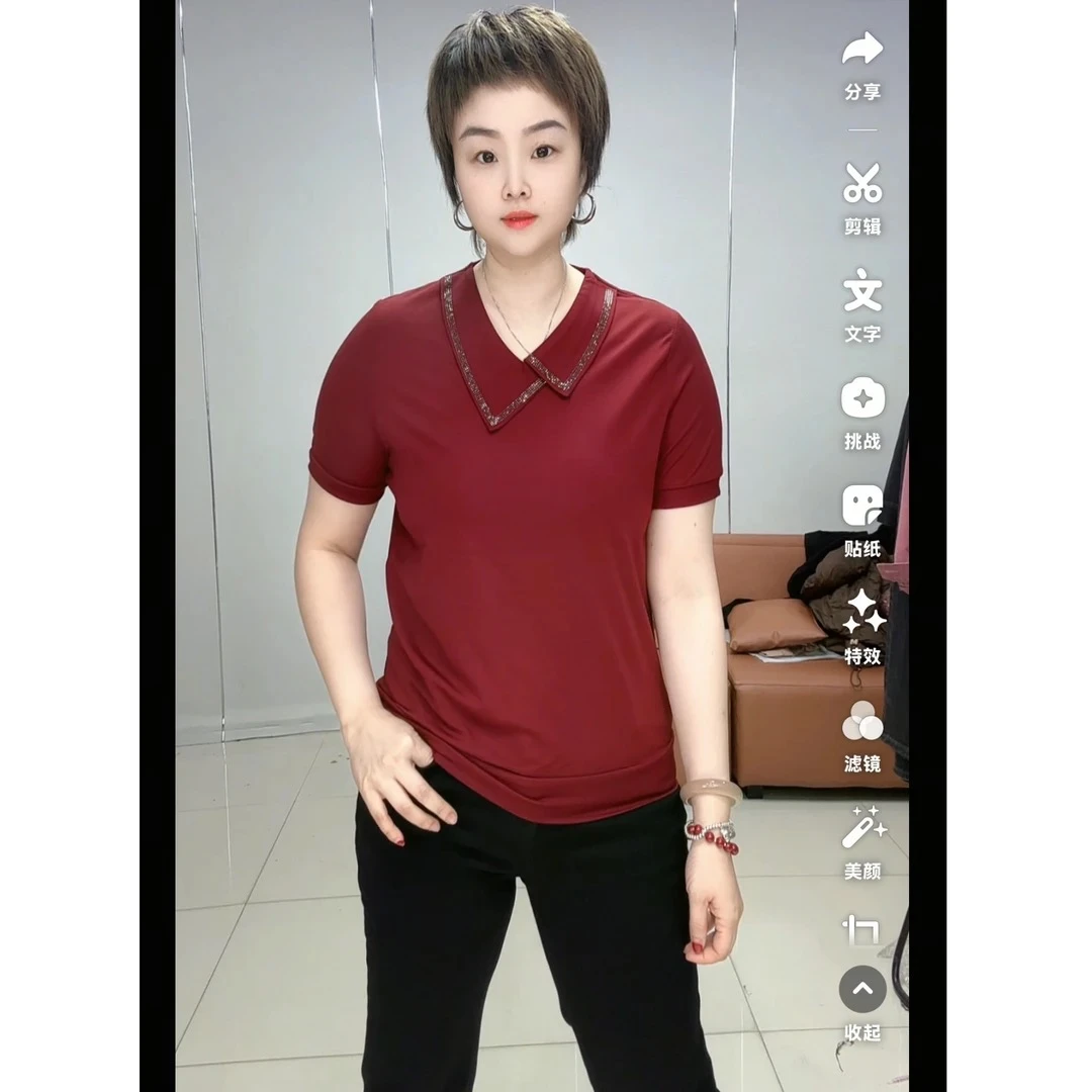 小施家气质显瘦洋气领闪钻纯色冰爽垂感T恤68965