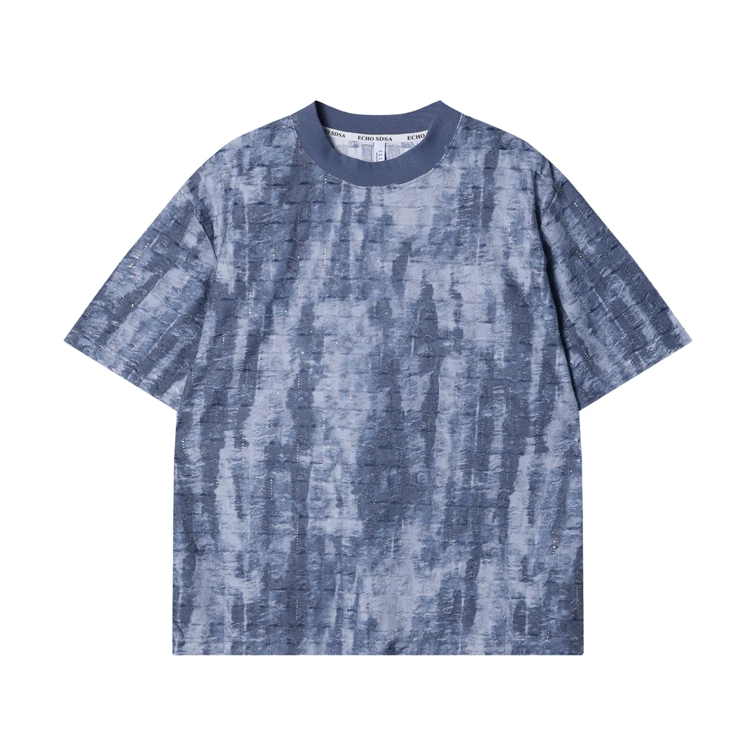 T2629高级感新款韩版渐变磨破烫钻圆领短袖T恤潮流宽松情侣上衣