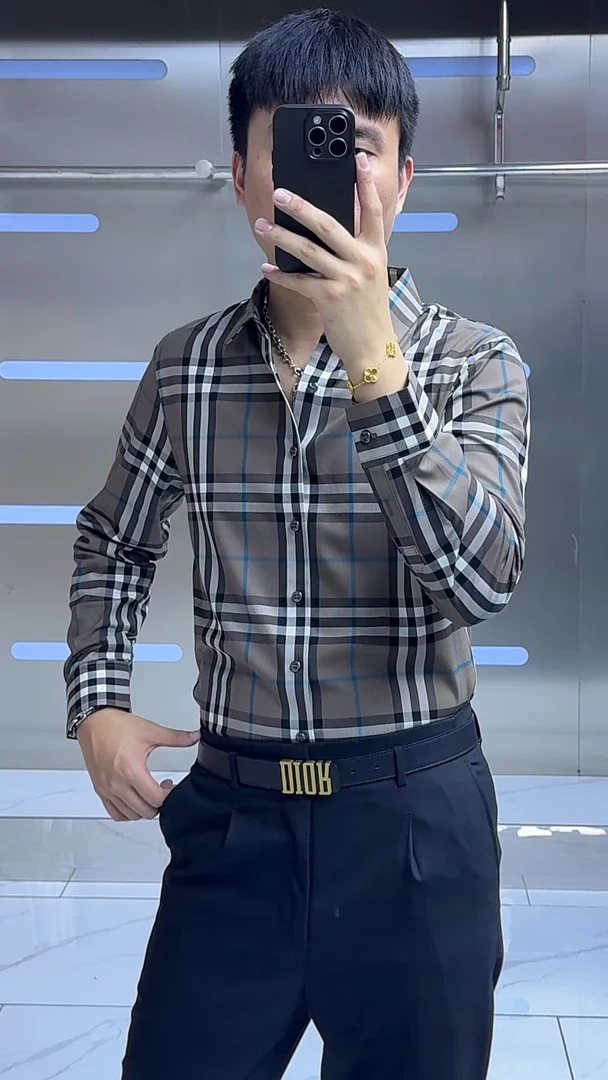 轩诚2025新款春秋季高品质弹力无痕美式商务休闲条纹格子长袖衬衣